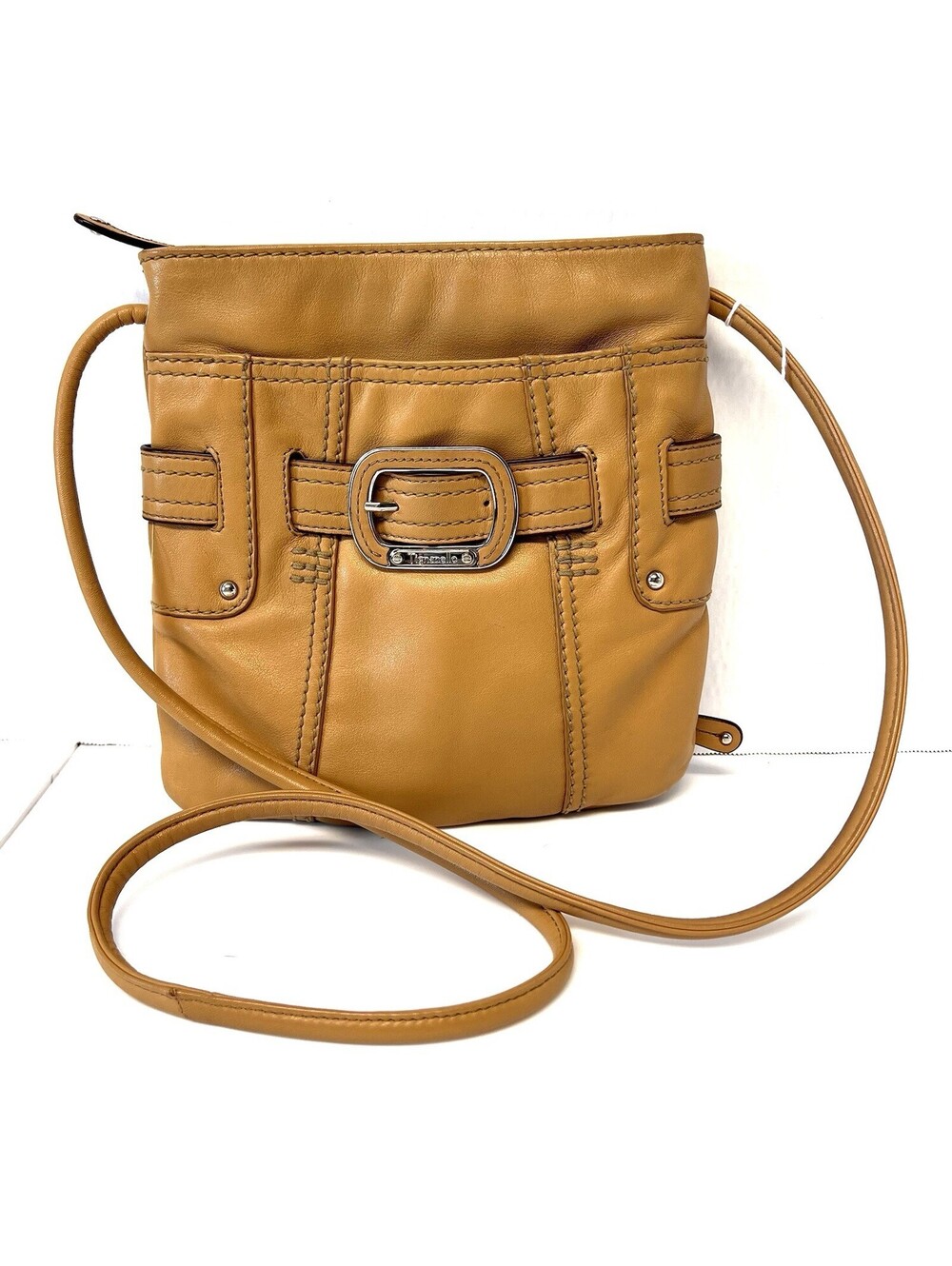Tignanello Soft Brown Tan Leather Crossbody Bag Long Strap Multi Pockets